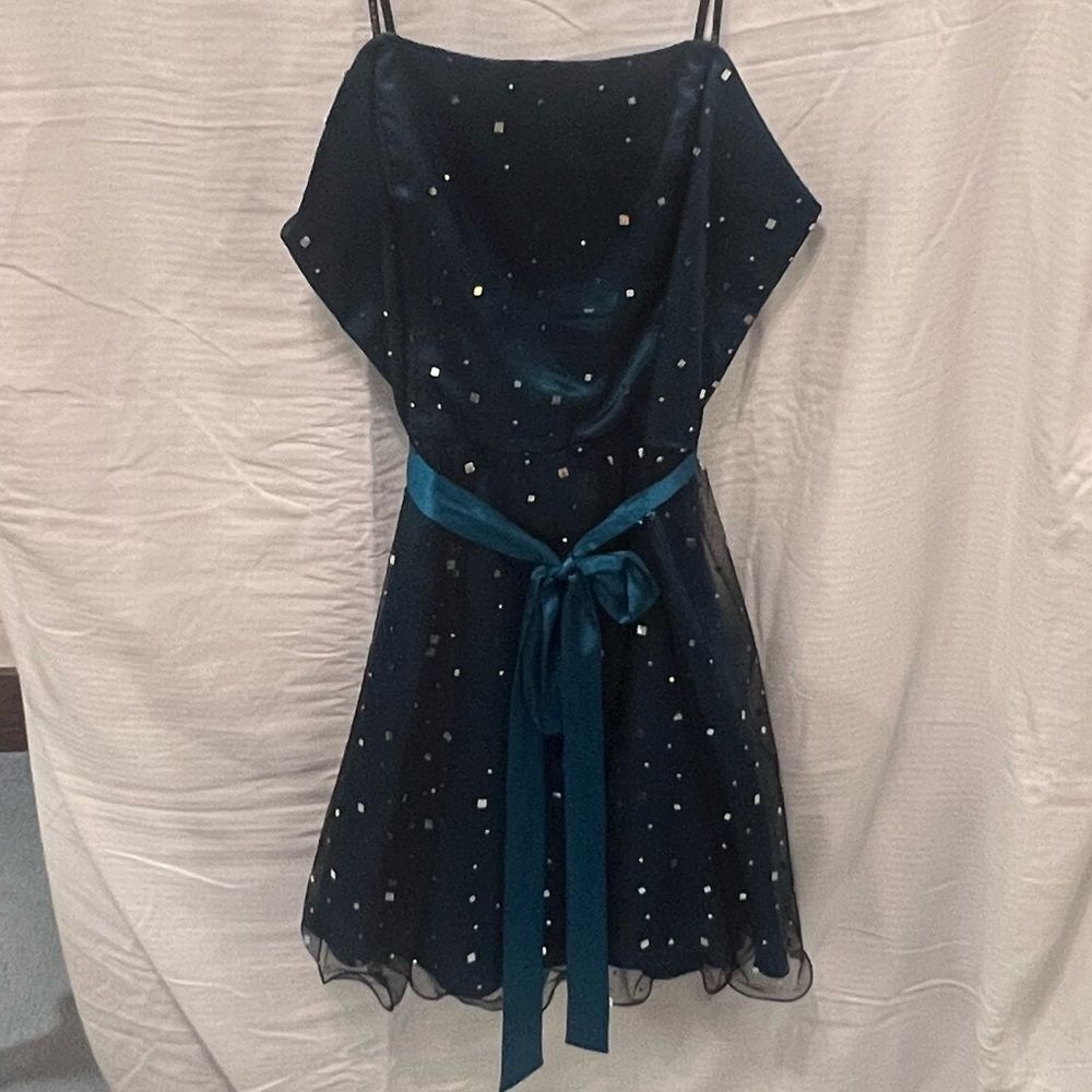 Like New! Masquerade, Size 16/17- Strapless Teal Dress w/ Black Mesh & Sequin